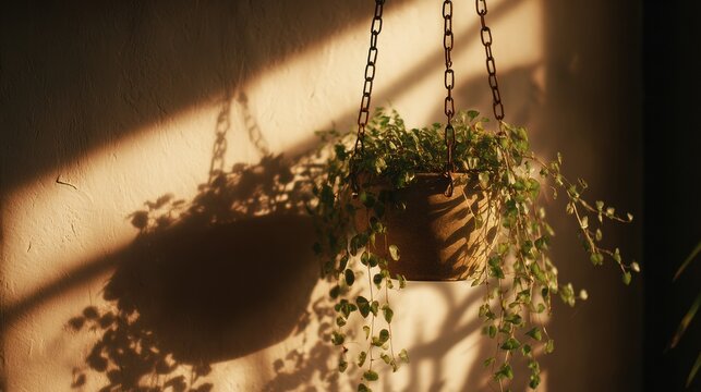 Hanging Plant Creates Soft Shadows on Wall in Warm Light Captured With 35mm Lens at F2.8 During Late Afternoon