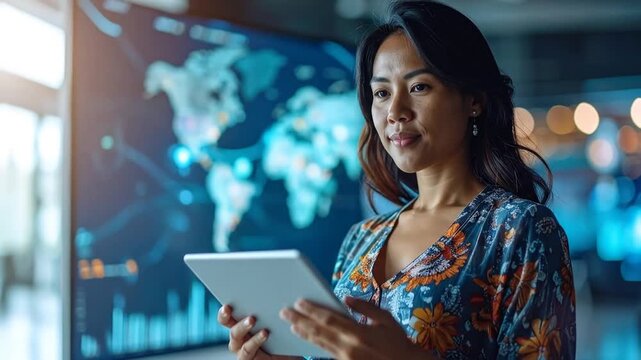 Businesswoman analyzing global data on tablet.