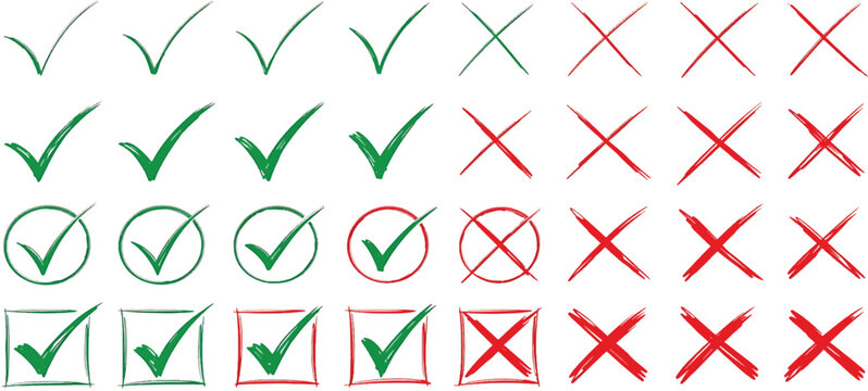 Check tick mark icon set. Cross box x check mark checkbox v list vector draw hand drawn sketch doodle Vector Illustration. Red, Green, Black color