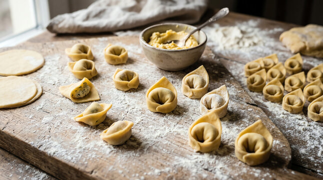 Hand-folded tortellini and cappelletti in various shaping stages