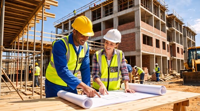 Construction engineers reviewing blueprints at a building site. Male and female architects in hard hats and safety vests discussing project plans