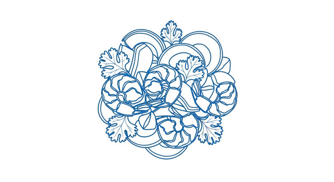 A blue line drawing depicts a circular arrangement of shrimp onions and herbs high quality professional