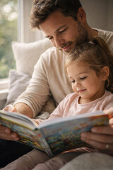 Obraz premium Father and daughter enjoying storytime together on cozy couch
