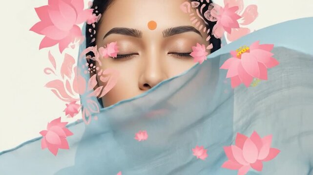 Serene Woman with Lotus Blossoms and Traditional Bindi, Ethereal Beauty and Spiritual Calm