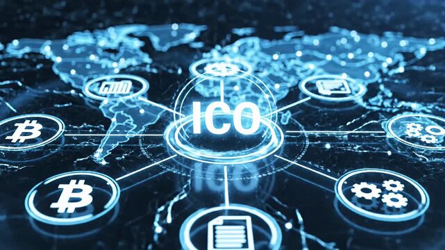 Global cryptocurrency network with ICO and Bitcoin symbols on world map