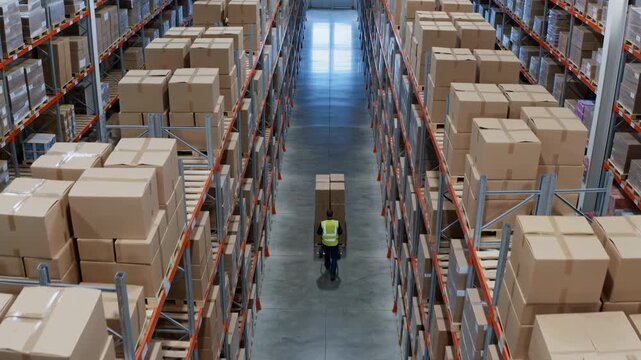 Warehouse worker transporting boxes in large storage facility  