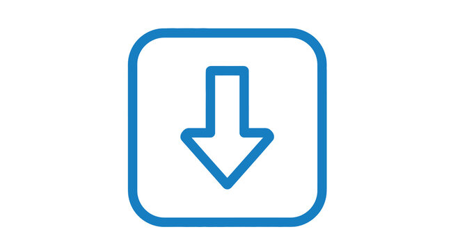A simple blue icon depicting a downward pointing arrow within a rounded square frame high quality professional