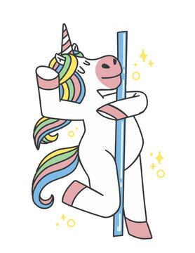 Cartoon unicorn dancing with a pole