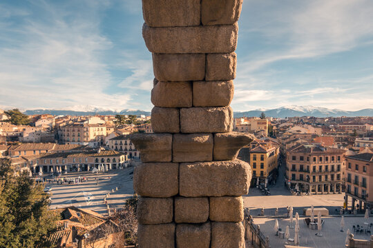 Stone pillar view overlooking Segovia cityscape
