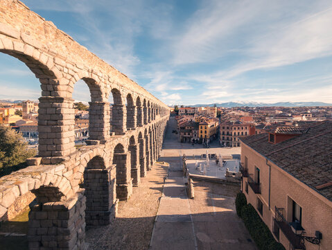 Ancient roman aqueduct in Segovia under a clear sky