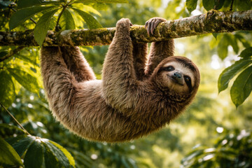 Obraz premium Sloth hanging from tree branch in lush green jungle