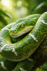 Fototapeta premium Close-up of vibrant green snake resting on a branch
