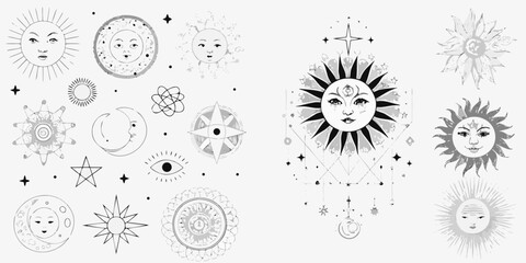 Celestial faces and symbols an artistic black and white illustration © Smritykona