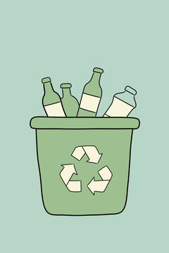 Recycling illustration with green bin and bottles