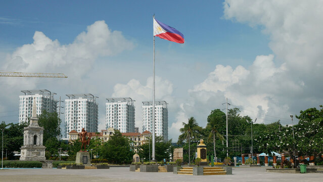 Flag Philippines Lapu-Lapu shrine monument on Mactan Island in Cebu Datu, local hero defeated Spanish colonizers led by Ferdinand Magellan. Commemorating battle of Mactan heroism up rising City