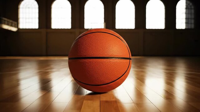 Basketball sits alone on polished court in empty gymnasium