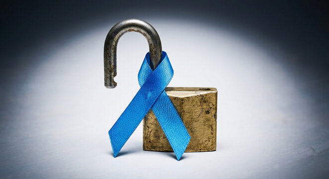Open padlock with blue ribbon for men&rsquo;s mental health awareness, breaking stigma concept