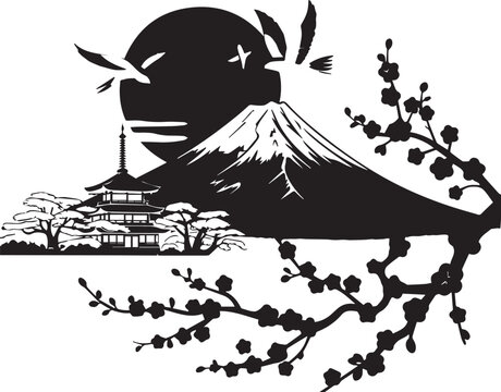 Japanese pagoda structure near Mount Fuji with cherry blossoms and soaring birds representing iconic scenic beauty
