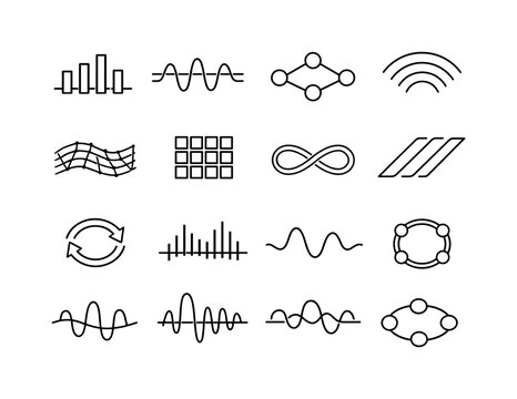 Line style vector icons of cloud computing application services: wave bar, resonance band, feedback node, signal arc, modulation