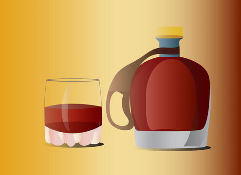 Glass Bottle and Drink with Glass Realistic Beverage Design on Gradient Background