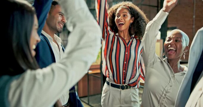 Meeting, high five and business people with hands together in office celebration, motivation or goal agreement. Solidarity, teamwork and colleagues with diversity, support and partnership cooperation