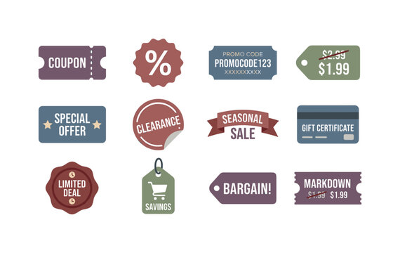 Discount coupon ticket, percentage sale badge, promo code label, price reduction tag, special offer voucher, clearance sticker