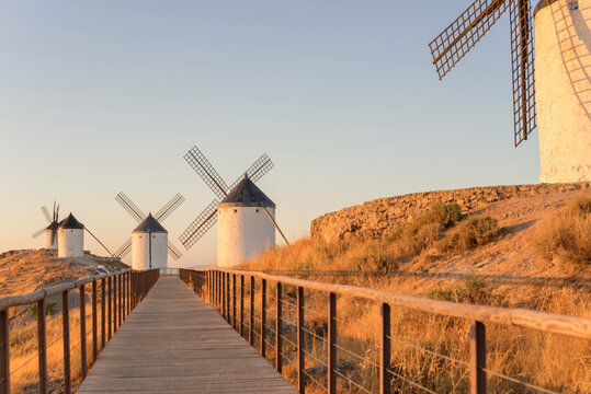 Iconic windmills at sunset in Consuegra, la Mancha