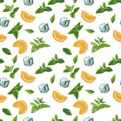 Seamless vector pattern with fresh mint leaves, juicy orange slices, and ice cubes arranged on a light background. The composition combines vibrant citrus tones with cool green shades, creating a clea © Ірина Сидорова