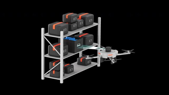 3d render animation of an autonomous drone scanning barcodes on boxes placed on warehouse shelves, with visible scanner trace, moving from lower to upper levels in a seamless loop, alpha channel
