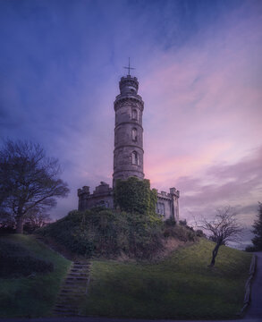 Nelson Monument at dusk in Edinburgh, Scotland