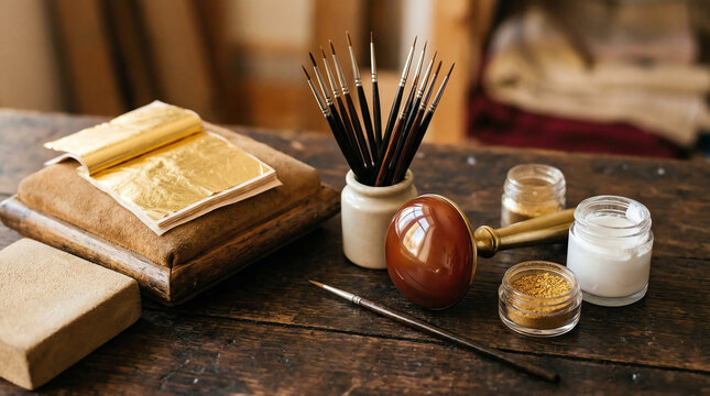 Manuscript illumination supplies with shell gold gesso and burnishing agate