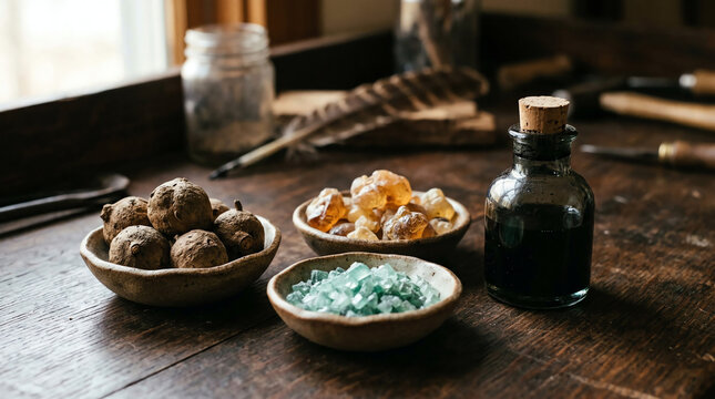 Iron gall ink ingredients with oak galls iron sulfate and gum arabic