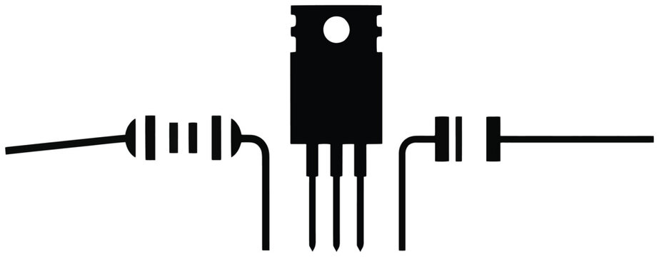 Electronics circuit components silhouette with transistor, resistor, and capacitor wiring.