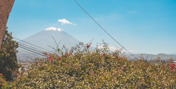 Panoramic view of the city of Arequipa, Peru with several volcanoes in the background