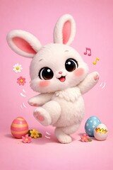 Happy Dancing Easter Bunny on a Pink Background