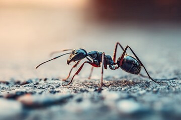 Fototapeta premium Macro photograph of a single ant crawling on a textured surface outdoors