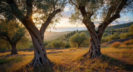 Fototapeta premium Ancient Twisted Olive Trees Bathed In Golden Hour Sunlight