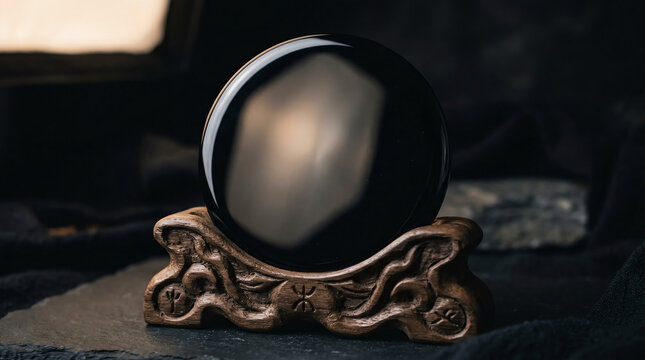 Polished black obsidian scrying mirror disc on carved wooden stand