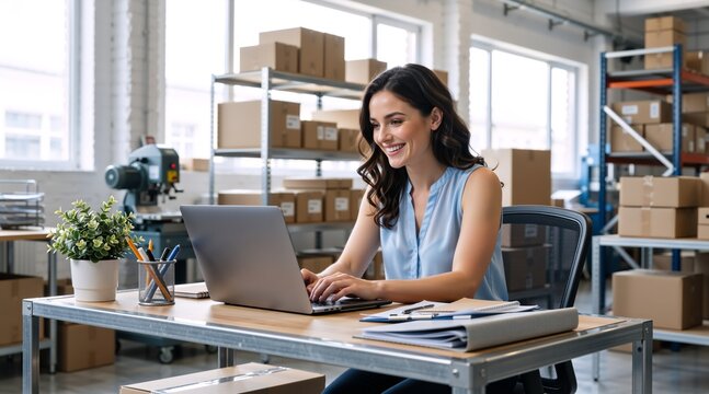 Smiling young woman working on laptop in warehouse. Female small business owner managing e-commerce inventory. Online retail and logistics concept