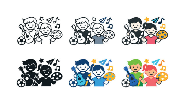 Playful kids icon depicting children engaging in hobbies such as painting, music, and sports with abstract symbols of creativity