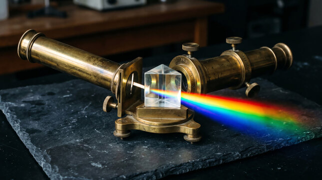 Vintage brass spectroscope with glass prism showing rainbow dispersion