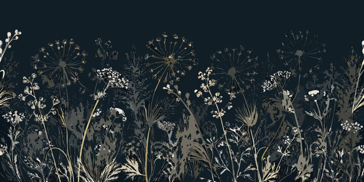 Delicate floral illustration with dandelion seed heads and wild grasses