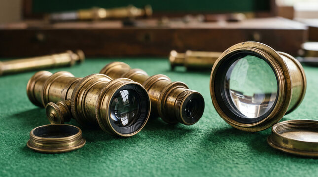 Antique brass telescope eyepiece assemblies with glass optics on green baize