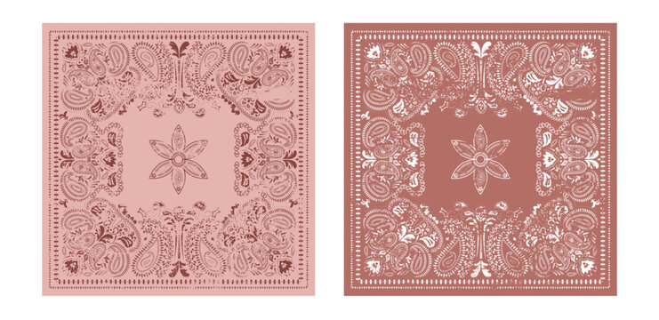 Bandana with paisley pattern and grunge texture. Scarf, fabric, and textile backgrounds. Bandana print featuring ethnic ornaments and abstract swirls.