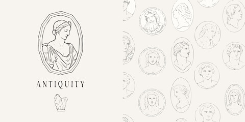 Obraz premium Antique portraits of women in oval frames with classical motifs