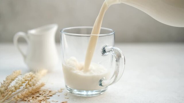 Pouring vegan plant based oat milk in a glass