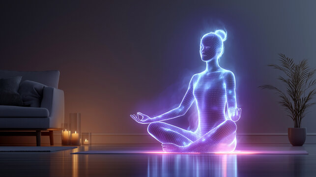 Digital hologram of a meditating female figure in a serene indoor setting with a couch, candles, and a potted plant, creating a calming atmosphere