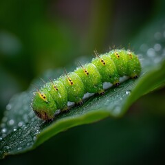 Fototapeta premium Vibrant Green Caterpillar with Water Droplets on Leaf