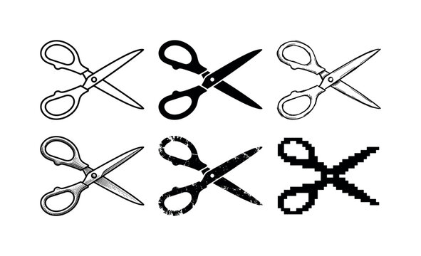 Collection of six different scissors icons in various styles and textures on a white background