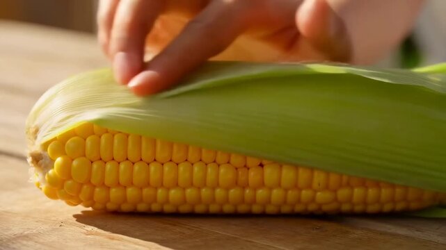 Tracking close up of hands peeling corn cob husk on wooden table in natural light
